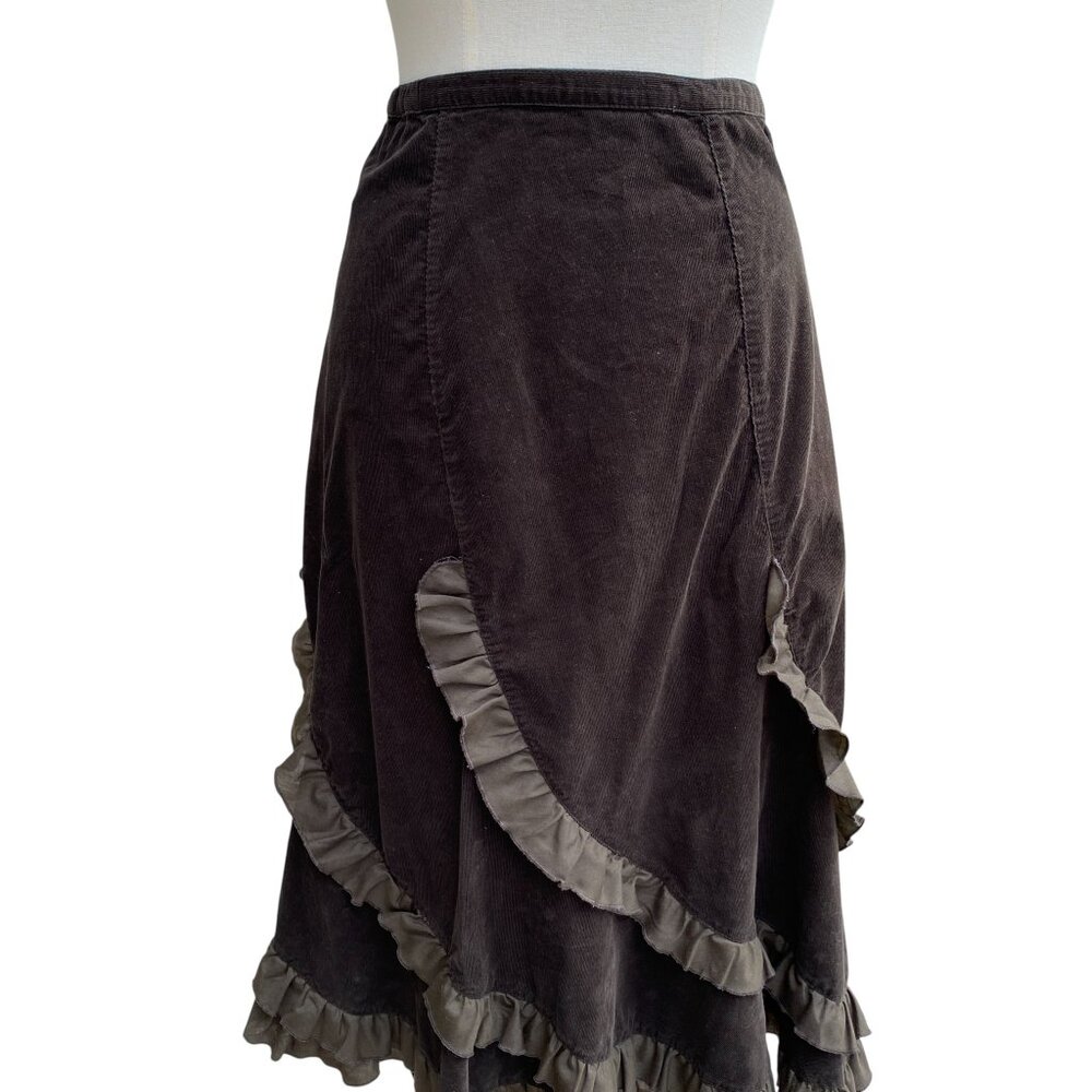 Vintage Brown Corduroy Tiered Ruffle Midi Skirt Boho Forest Fairy Indie Grunge-L - Picture 4 of 12